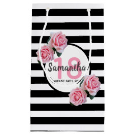 18e verjaardag roze rozen zwarte witte strepen klein cadeauzakje