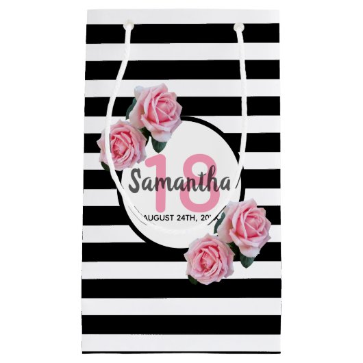18e verjaardag roze rozen zwarte witte strepen klein cadeauzakje (Voorkant)