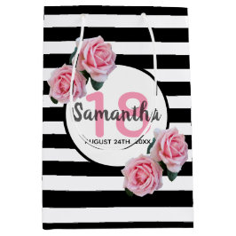 18e verjaardag roze rozen zwarte witte strepen medium cadeauzakje