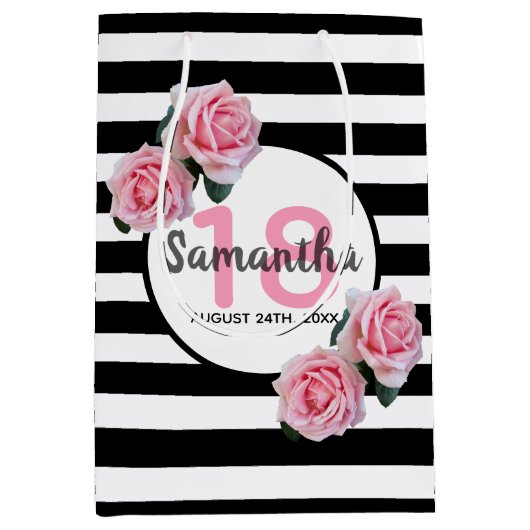 18e verjaardag roze rozen zwarte witte strepen medium cadeauzakje (Voorkant)