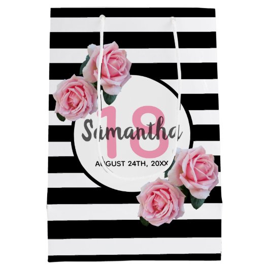 18e verjaardag roze rozen zwarte witte strepen medium cadeauzakje (Achterkant)