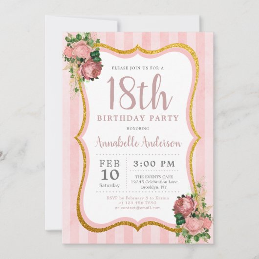 18e verjaardag Roze Stripe Floral Glitter Kaart (Voorkant)