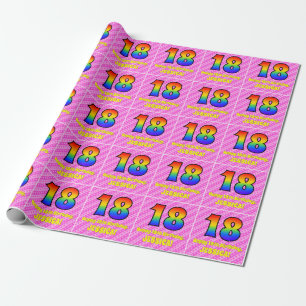 18e verjaardag: Roze strips en harten, regenboognr Cadeaupapier