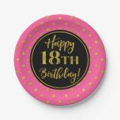 18e verjaardag Roze zwarte gouden Stippen Papieren Bordje (Voorkant)