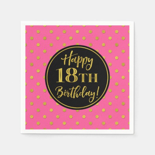18e verjaardag Roze zwarte gouden Stippen Servet (Voorkant)