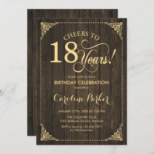 18e verjaardag - rustiek hout goud kaart (Voorkant / Achterkant)