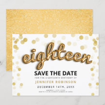 18e verjaardag Save the Date Gold Balloons Glitter