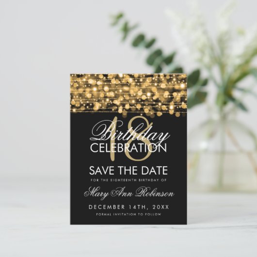 18e verjaardag Save the Date Party Sparkles Gold (Staand voorkant)
