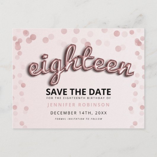 18e Verjaardag Save The Date Roos Gold Blush Pink Aankondigingskaart (Voorkant)