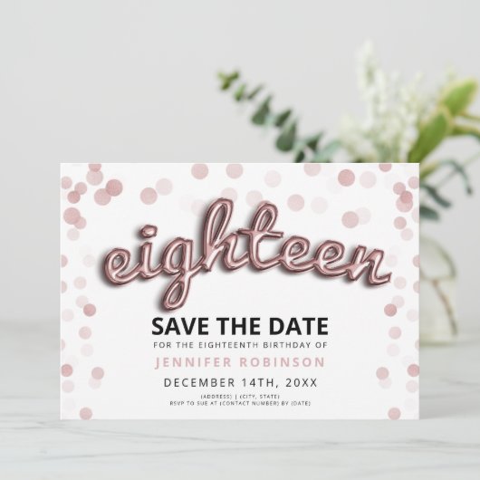 18e Verjaardag Save The Date Roos Gold Glitter Kaart (Staand voorkant)