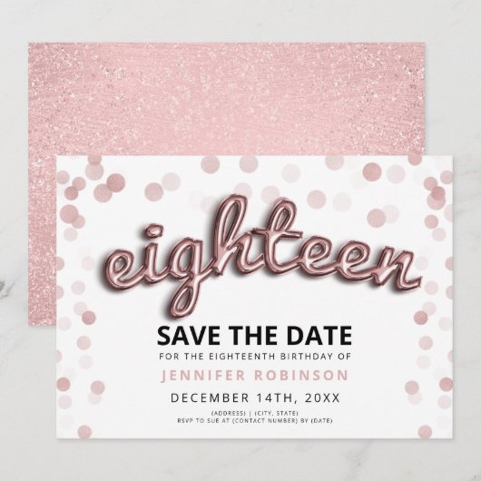 18e Verjaardag Save The Date Roos Gold Glitter Kaart (Voorkant / Achterkant)