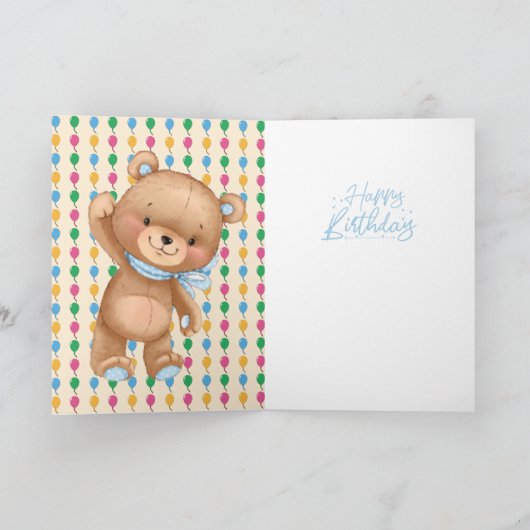 18e verjaardag schattige blauwe ballonjongen teddy kaart (Binnen)