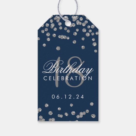 18e verjaardag Silver Faux Glitter Confetti Navy Cadeaulabel (Voorkant)