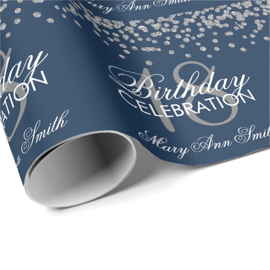 18e verjaardag Silver Faux Glitter Confetti Navy Cadeaupapier (Rol Hoek)