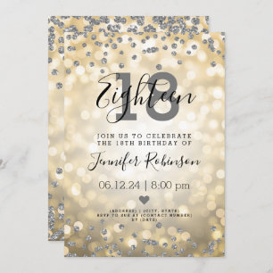 18e verjaardag Silver Glitter Lights Gold Kaart