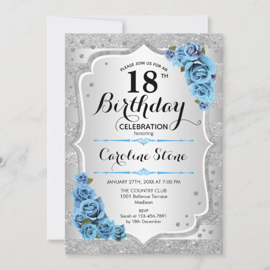 18e verjaardag - Silver Stripes Icy Blue Rozen Kaart (Voorkant)