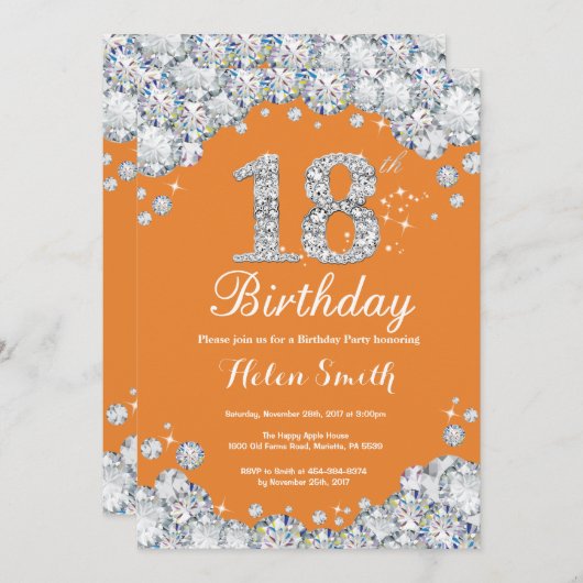 18e verjaardag Sinaasappel en Silver Diamond Kaart (Voorkant / Achterkant)