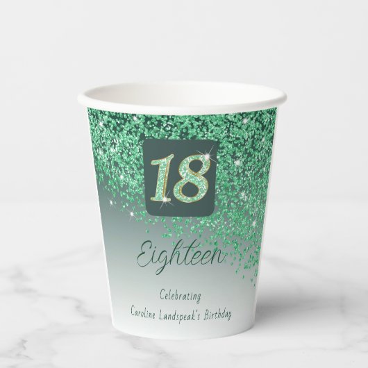 18e verjaardag Stijlvolle Falling Green Glitter Papieren Bekers (Voorkant)