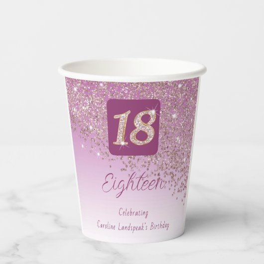 18e Verjaardag Stijlvolle Vallende Roos Gouden Gli Papieren Bekers (Achterkant)