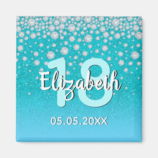 18e verjaardag turquoise groene glitters naam diam magneet (Voorkant)