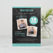 18e verjaardag uitnodigen,twee foto's zwart kaart (Staand voorkant)