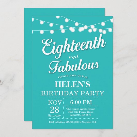18e verjaardag Uitnodiging Aqua Turquoise Fabulous (Voorkant / Achterkant)