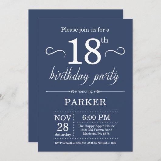 18e verjaardag Uitnodiging blauw (Voorkant / Achterkant)