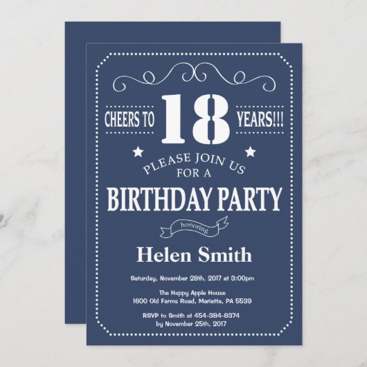 18e verjaardag uitnodiging blauw en wit (Voorkant / Achterkant)
