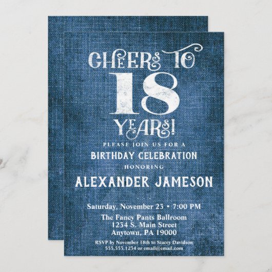 18e verjaardag Uitnodiging Blauwe linen Rustic Che (Voorkant / Achterkant)
