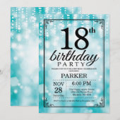 18e Verjaardag Uitnodiging Blauwgroen Glitter (Voorkant / Achterkant)