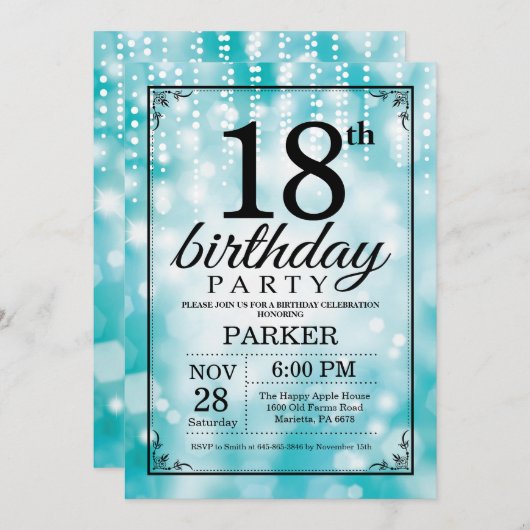 18e Verjaardag Uitnodiging Blauwgroen Glitter (Voorkant / Achterkant)