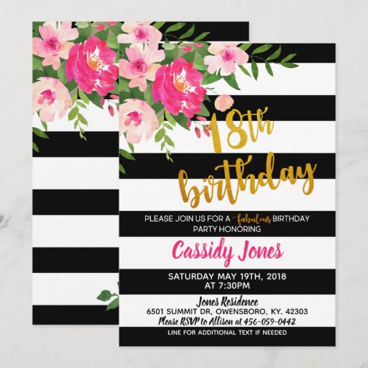 18e Verjaardag Uitnodiging - Bloemen w / Zwart & W (Voorkant / Achterkant)