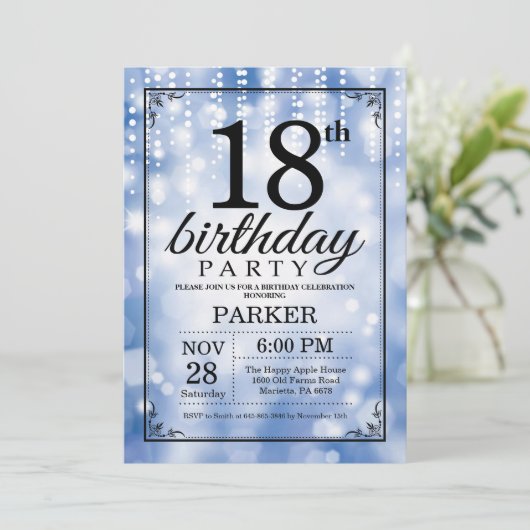 18e verjaardag uitnodiging Blue Glitter (Staand voorkant)