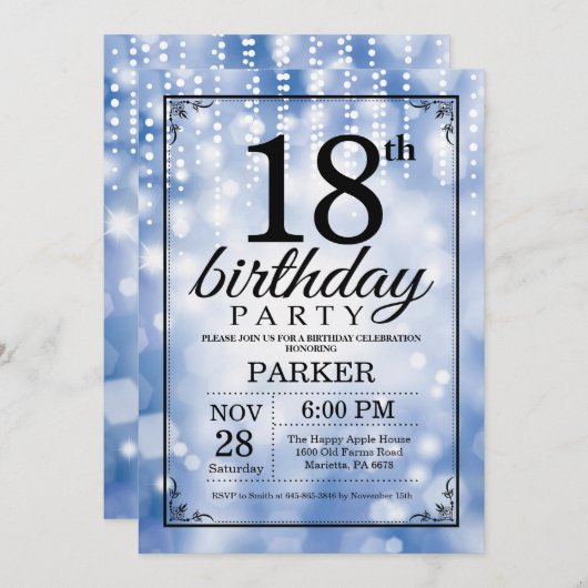 18e verjaardag uitnodiging Blue Glitter (Voorkant / Achterkant)