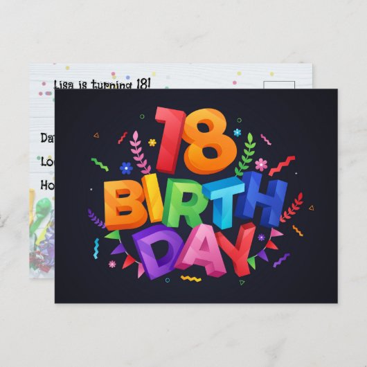 18e verjaardag uitnodiging briefkaart (Voorkant / Achterkant)