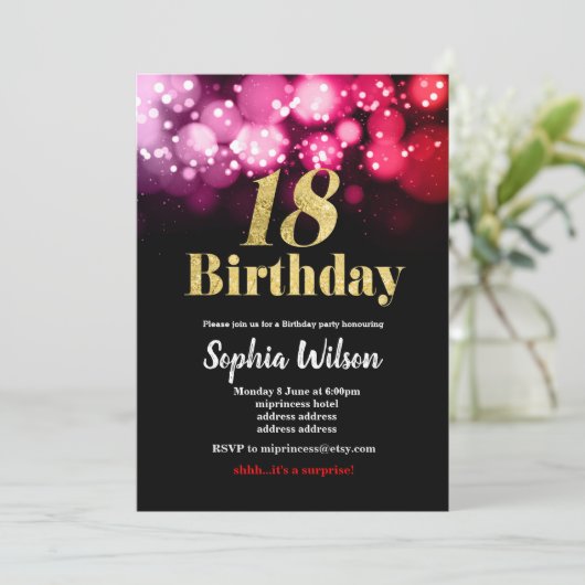 18e verjaardag uitnodiging elegant glitter roze ro (Staand voorkant)
