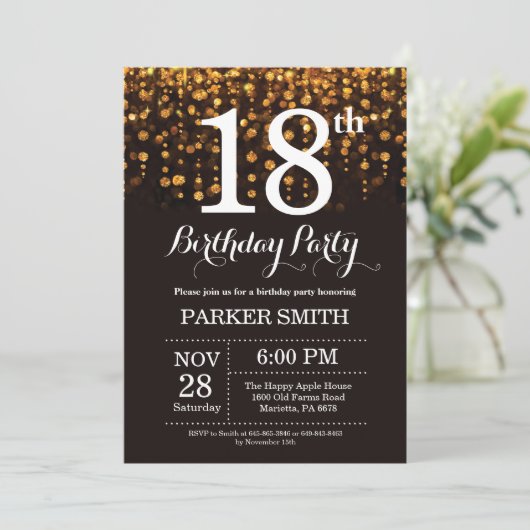 18e verjaardag uitnodiging Gold Glitter (Staand voorkant)