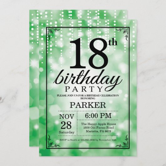 18e verjaardag uitnodiging Green Glitter (Voorkant / Achterkant)