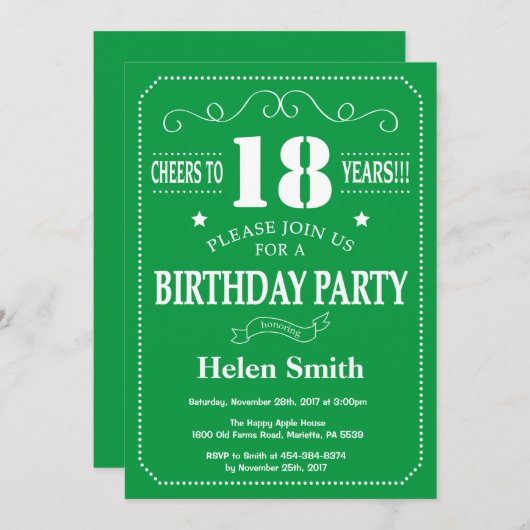 18e verjaardag uitnodiging groen en wit (Voorkant / Achterkant)