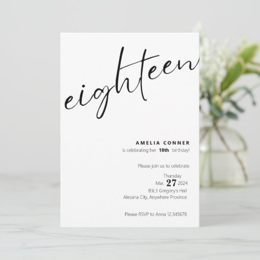 18e verjaardag uitnodiging minimalistisch debuut u (Staand voorkant)