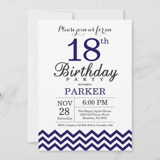 18e Verjaardag Uitnodiging Navy Blue Chevron (Voorkant)