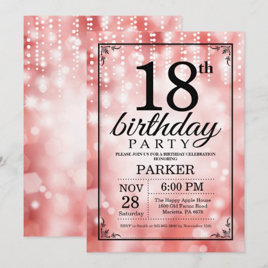 18e verjaardag uitnodiging Red Glitter (Voorkant / Achterkant)