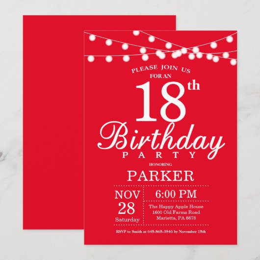 18e verjaardag Uitnodiging rood (Voorkant / Achterkant)