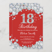 18e Verjaardag Uitnodiging Rood en Zilveren Diaman (Voorkant / Achterkant)