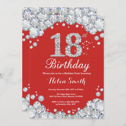 18e Verjaardag Uitnodiging Rood en Zilveren Diaman (Voorkant / Achterkant)