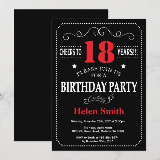 18e verjaardag Uitnodiging rood en zwart karton (Voorkant / Achterkant)