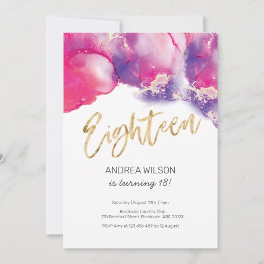 18e Verjaardag Uitnodiging roze Abstracte Waterver (Voorkant)