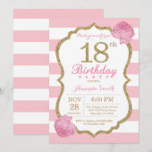 18e Verjaardag Uitnodiging Roze en Gouden Bloemen (Voorkant / Achterkant)