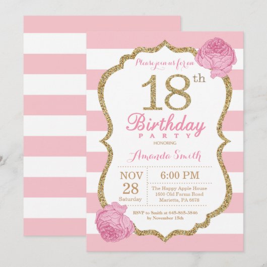 18e Verjaardag Uitnodiging Roze en Gouden Bloemen (Voorkant / Achterkant)