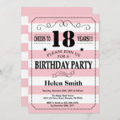 18e verjaardag Uitnodiging roze en witte strepen (Voorkant / Achterkant)